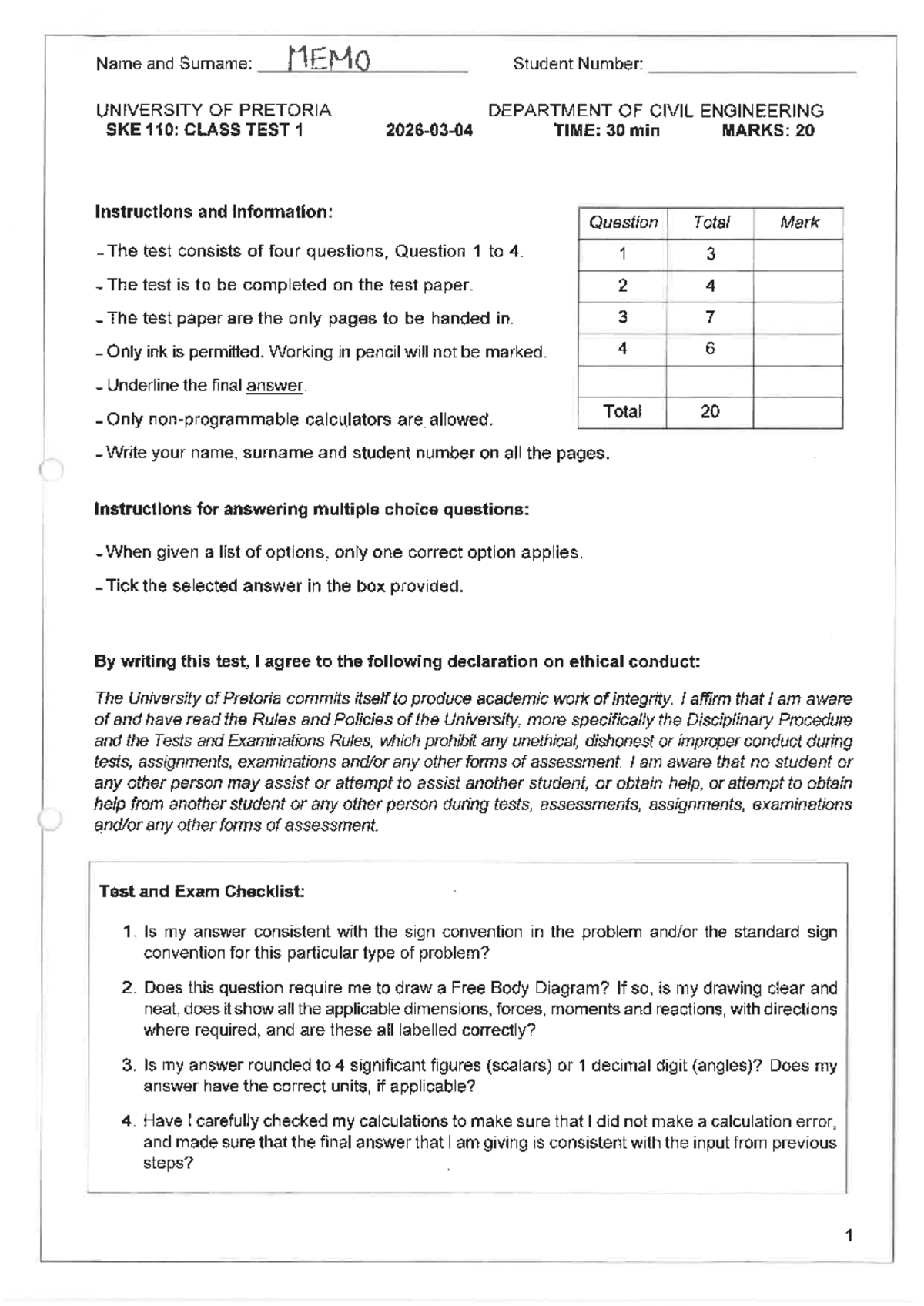 2026 SKE110 C01 - Class Test 1 Memo and Solutions - Studocu