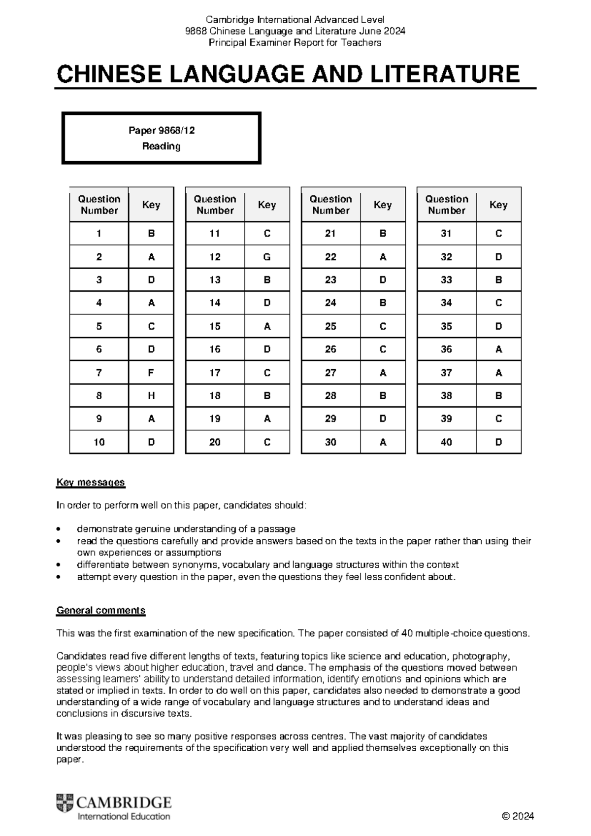 2024 A Level 9868 Chinese Language & Literature Exam Report - Studocu