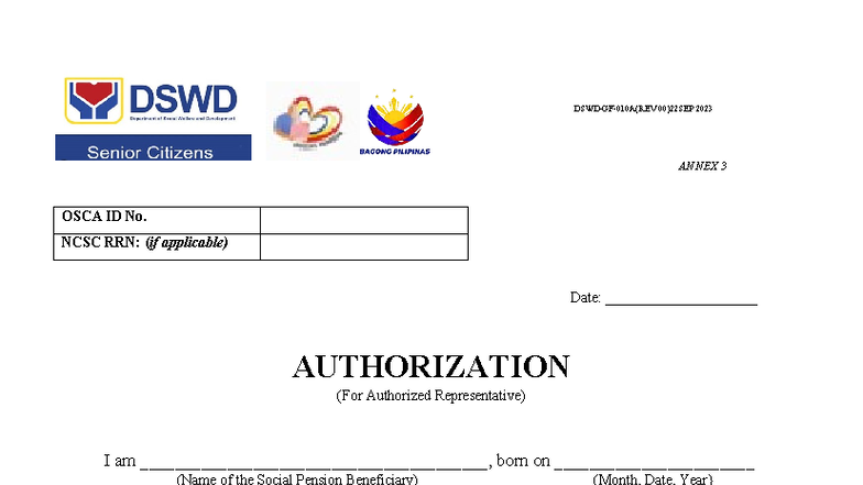DSWD Authorization for Social Pension Claim - 22SEP 2023 - Studocu