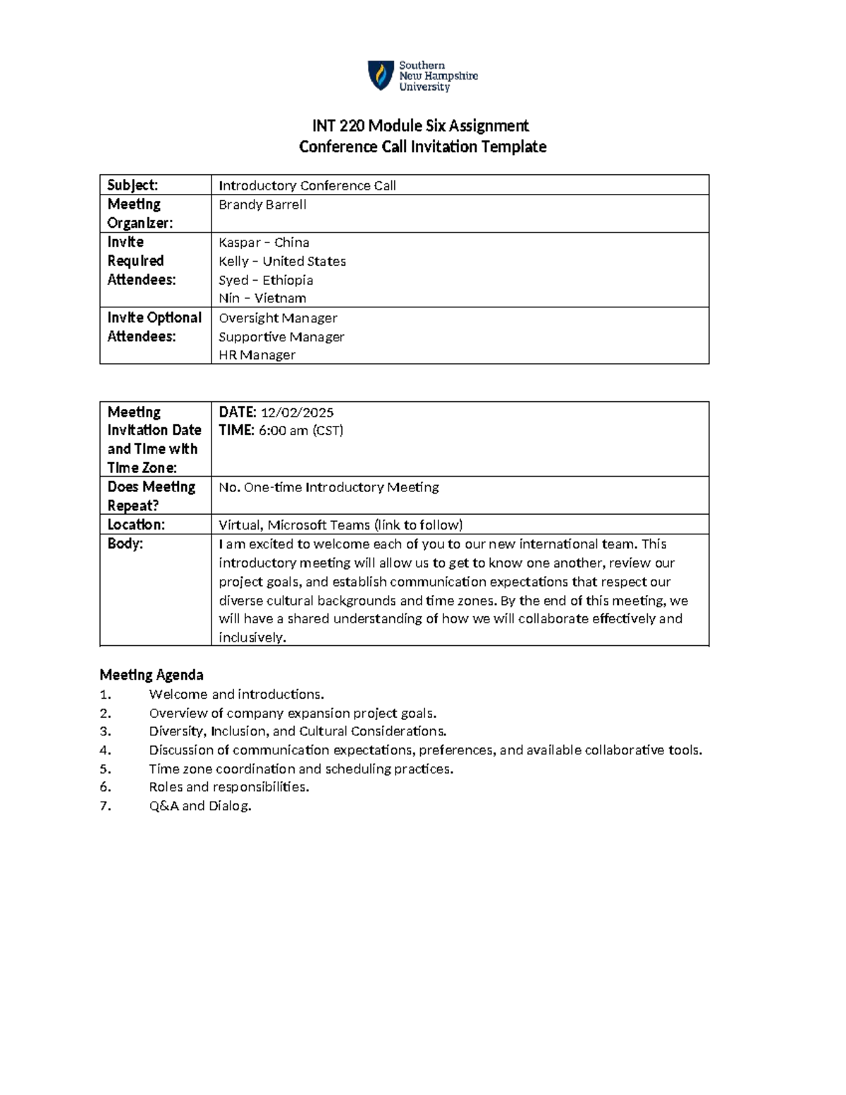 INT 220 Module 6 Assignment: Conference Call Invitation Template - Studocu