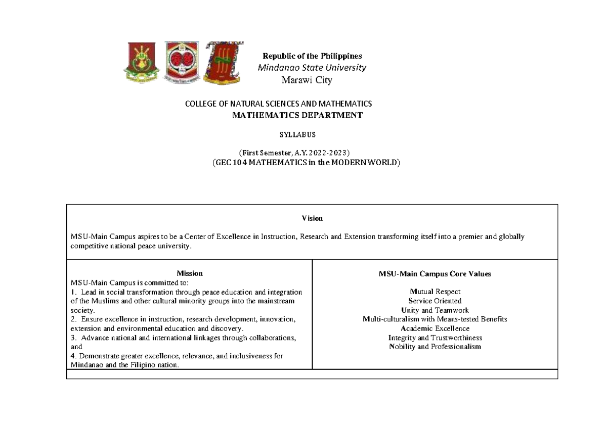 GEC 104 Syllabus: Mathematics in the Modern World (1st Sem) - Studocu