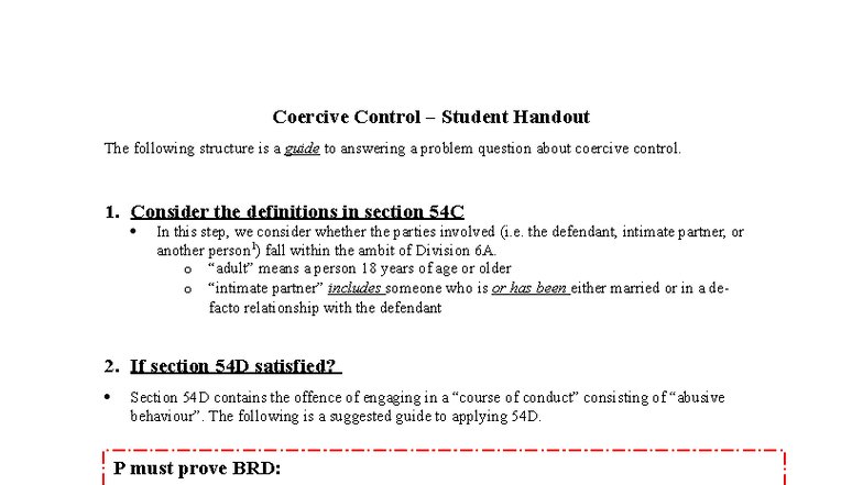 Coercive Control - Student Handout Guide for Problem Questions - Studocu