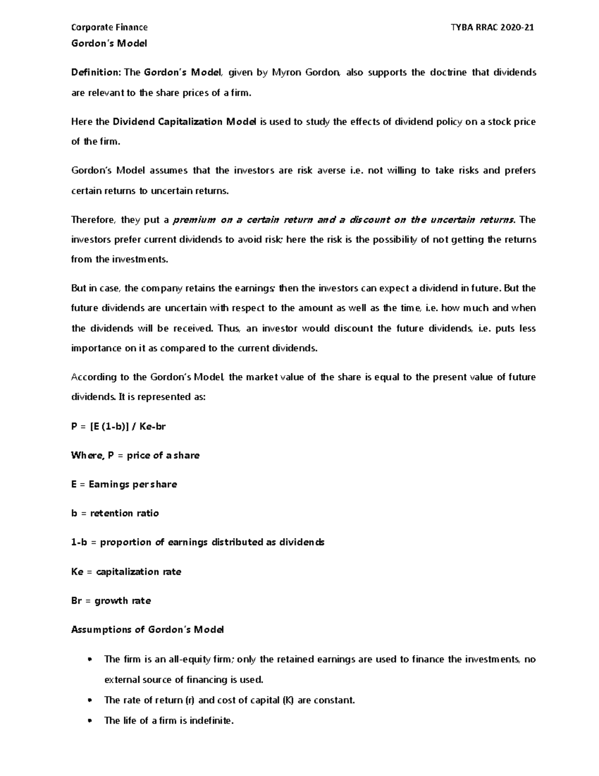 Gordan - Corporate Finance TYBA RRAC 2020- Gordon’s Model Definition ...