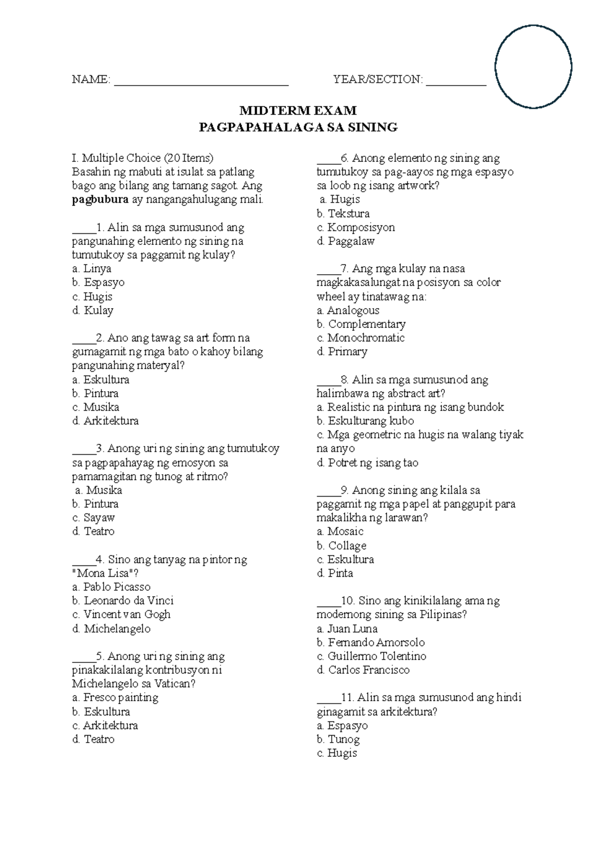 Midterm Exam on Sining - Course Code: EXAM - Studocu