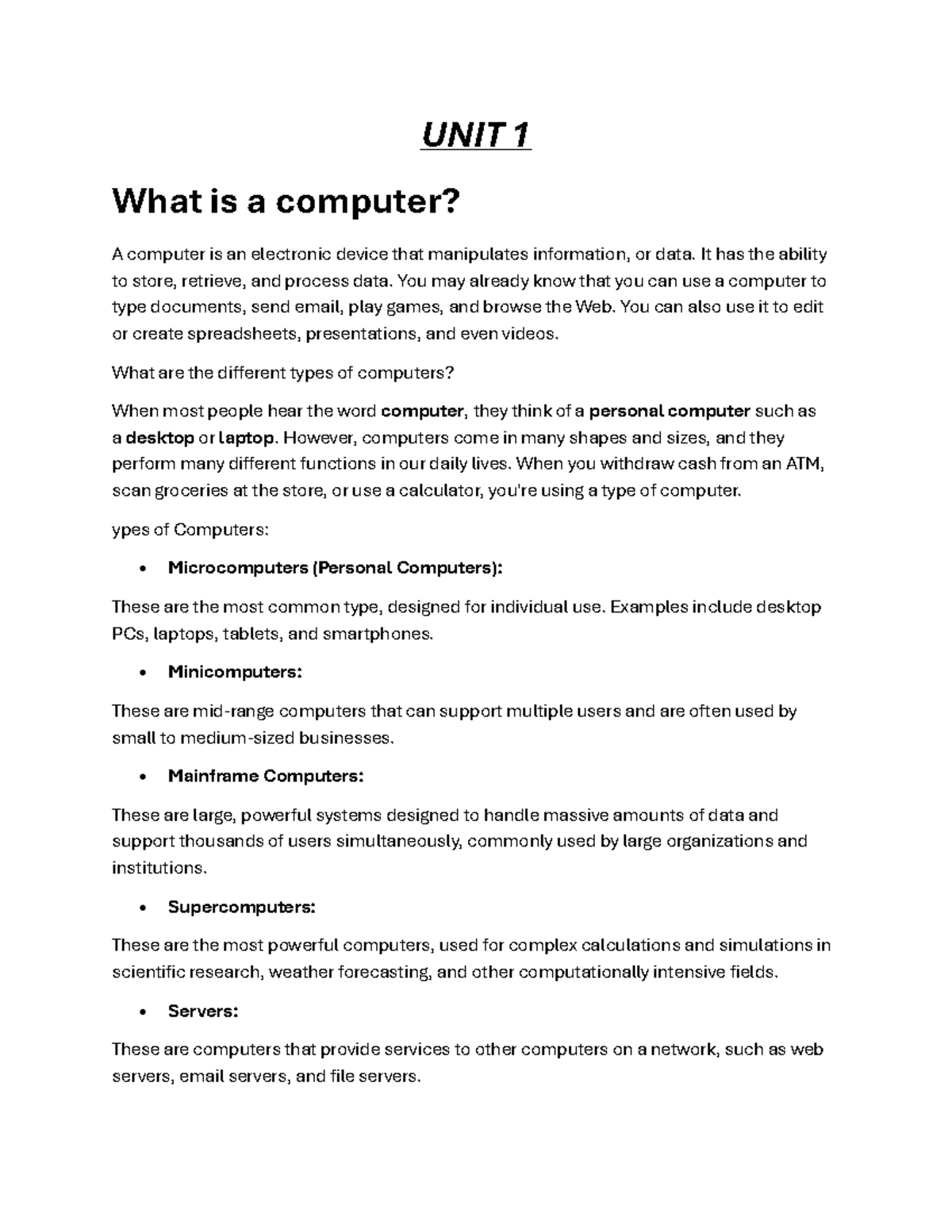 UNIT 1: Introduction to Computers & Office Automation - Studocu