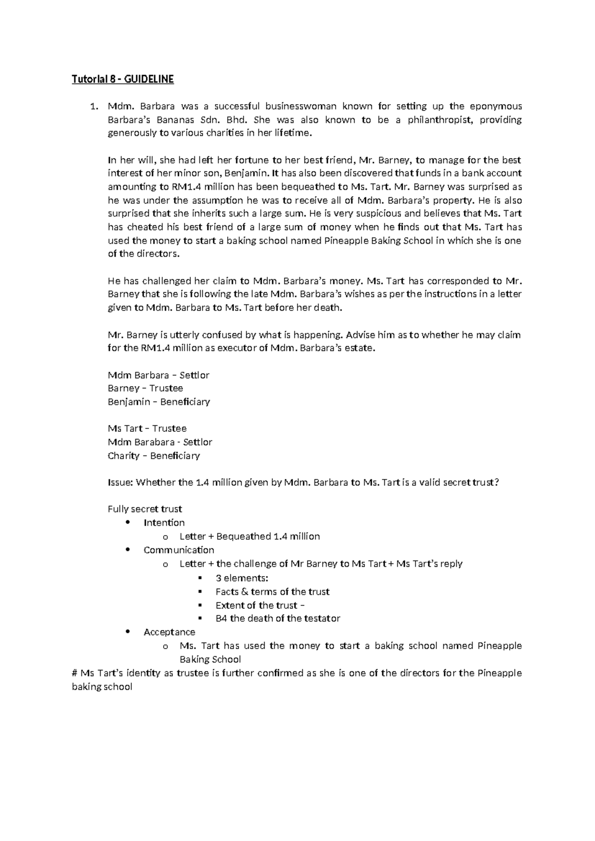 EQT - Tutorial 8: Validity of Secret Trust in Barbara's Estate - Studocu