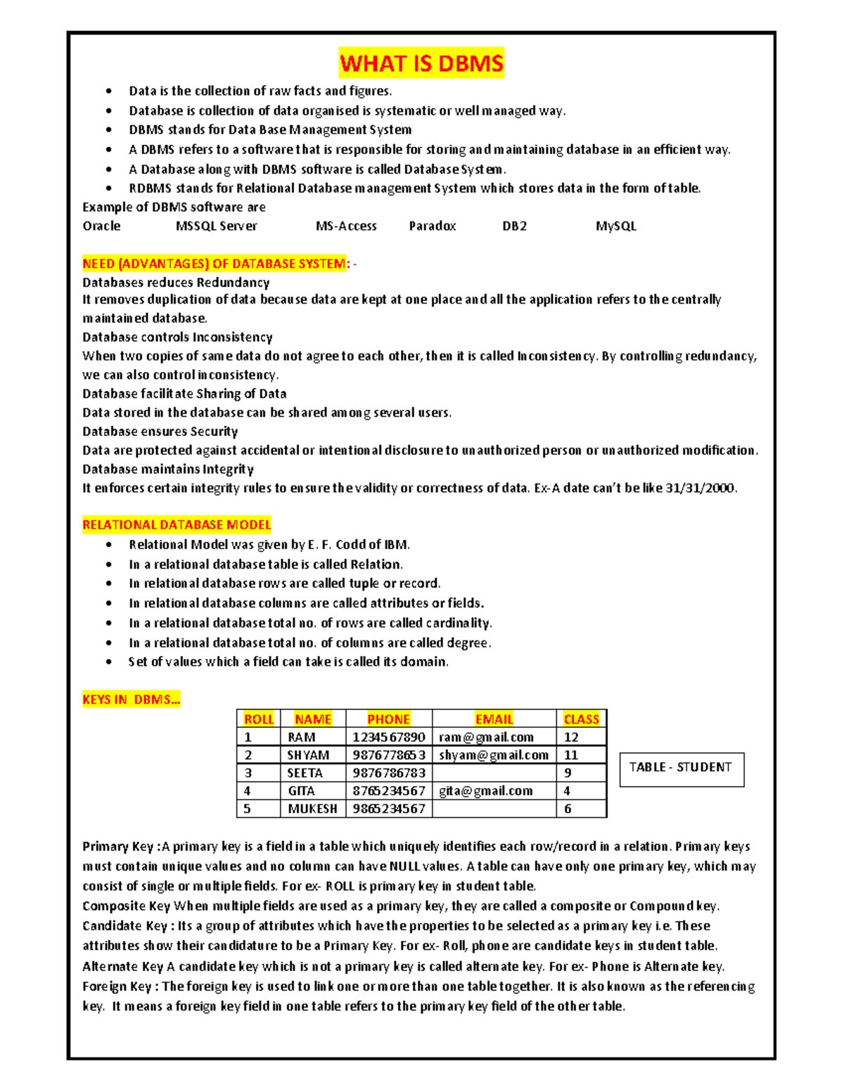 DBMS Notes for Class 12 CBSE - SQL Concepts and Techniques - Studocu