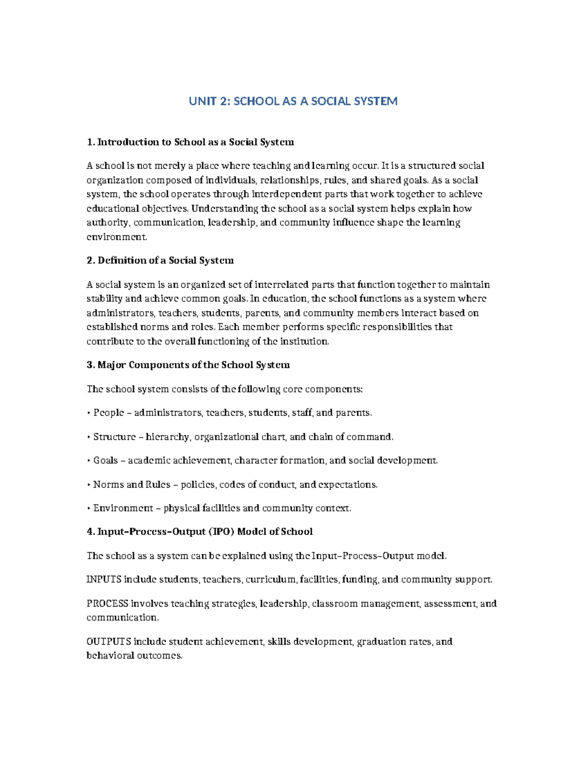 Unit 2: School as a Social System - Detailed Overview - Studocu