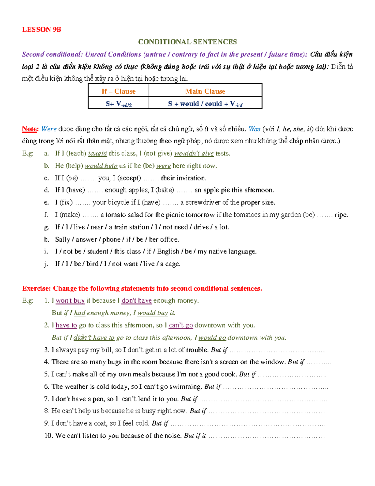 Grammar 9B - Lesson on Second Conditional Sentences - Studocu