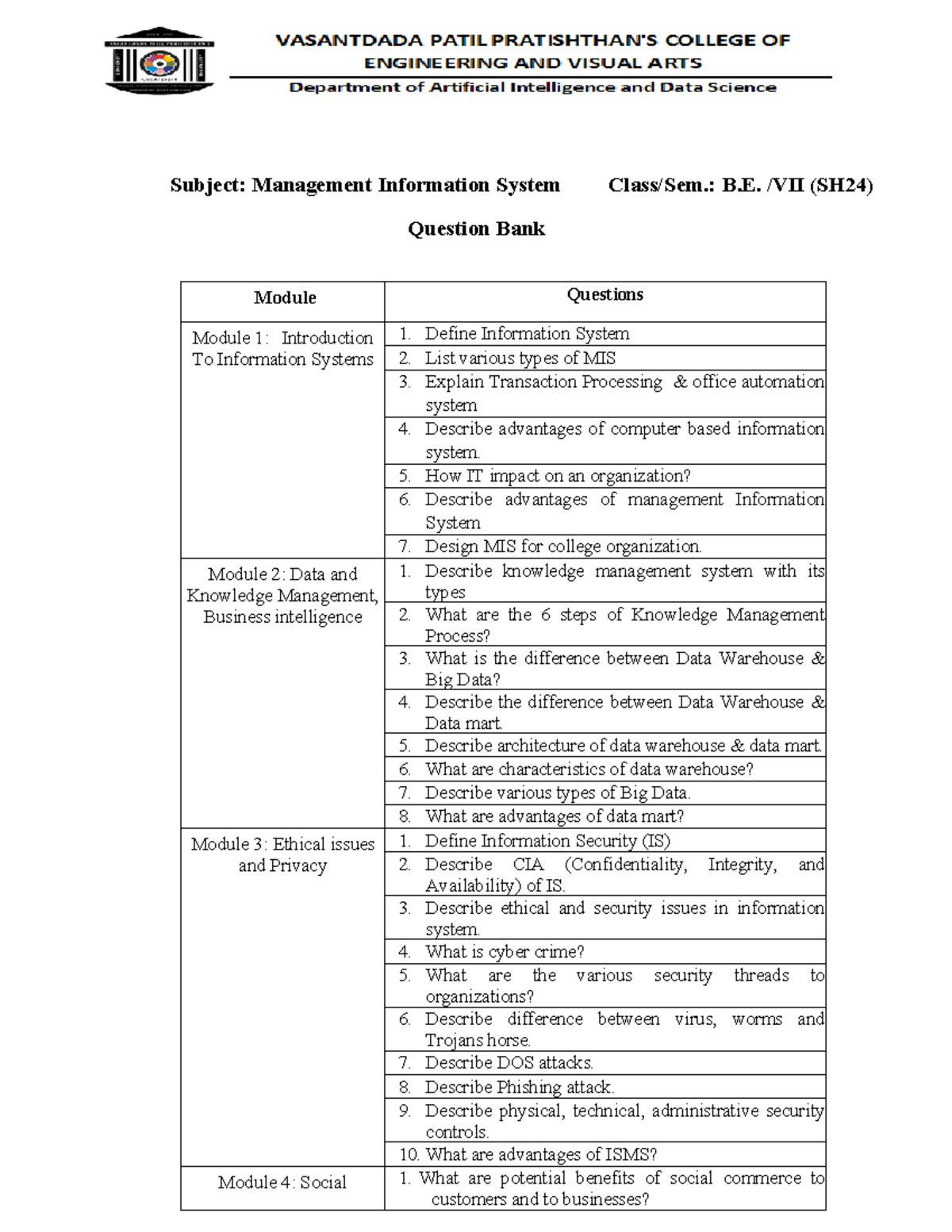 MIS Question Bank: Comprehensive Guide for B. /VII (SH24) Exam - Studocu