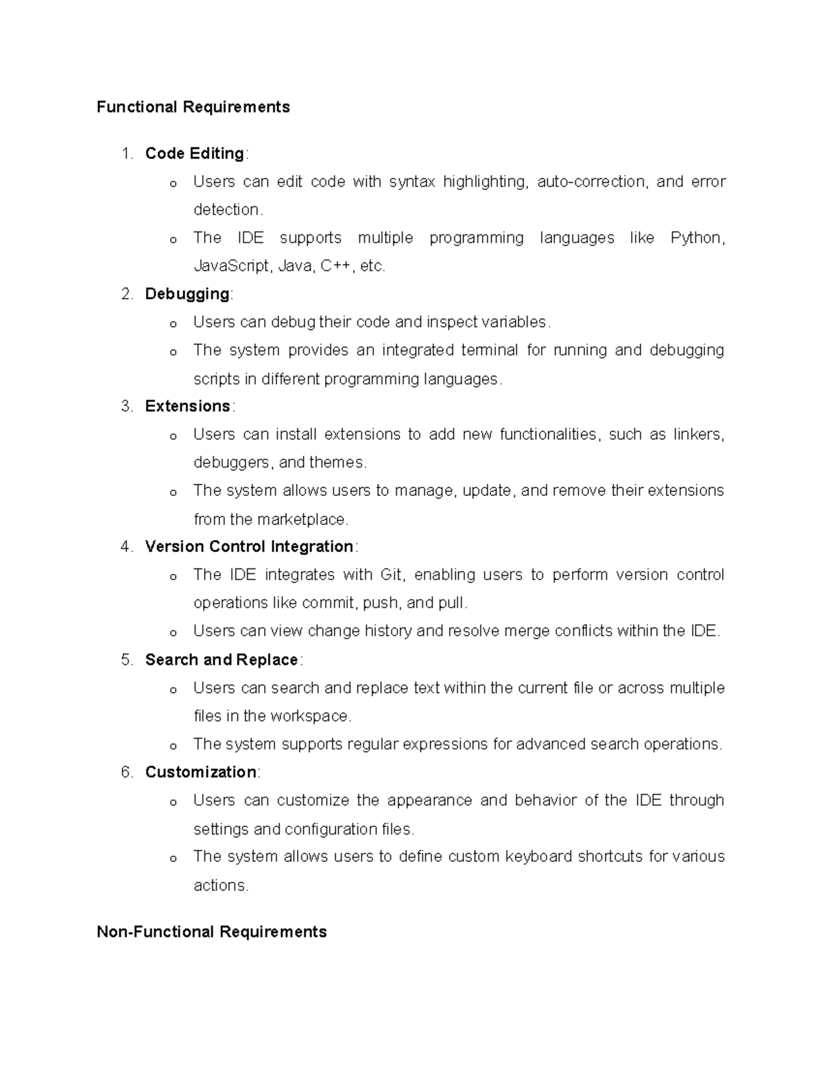 Functional Requirements - Code Editing: o Users can edit code with ...
