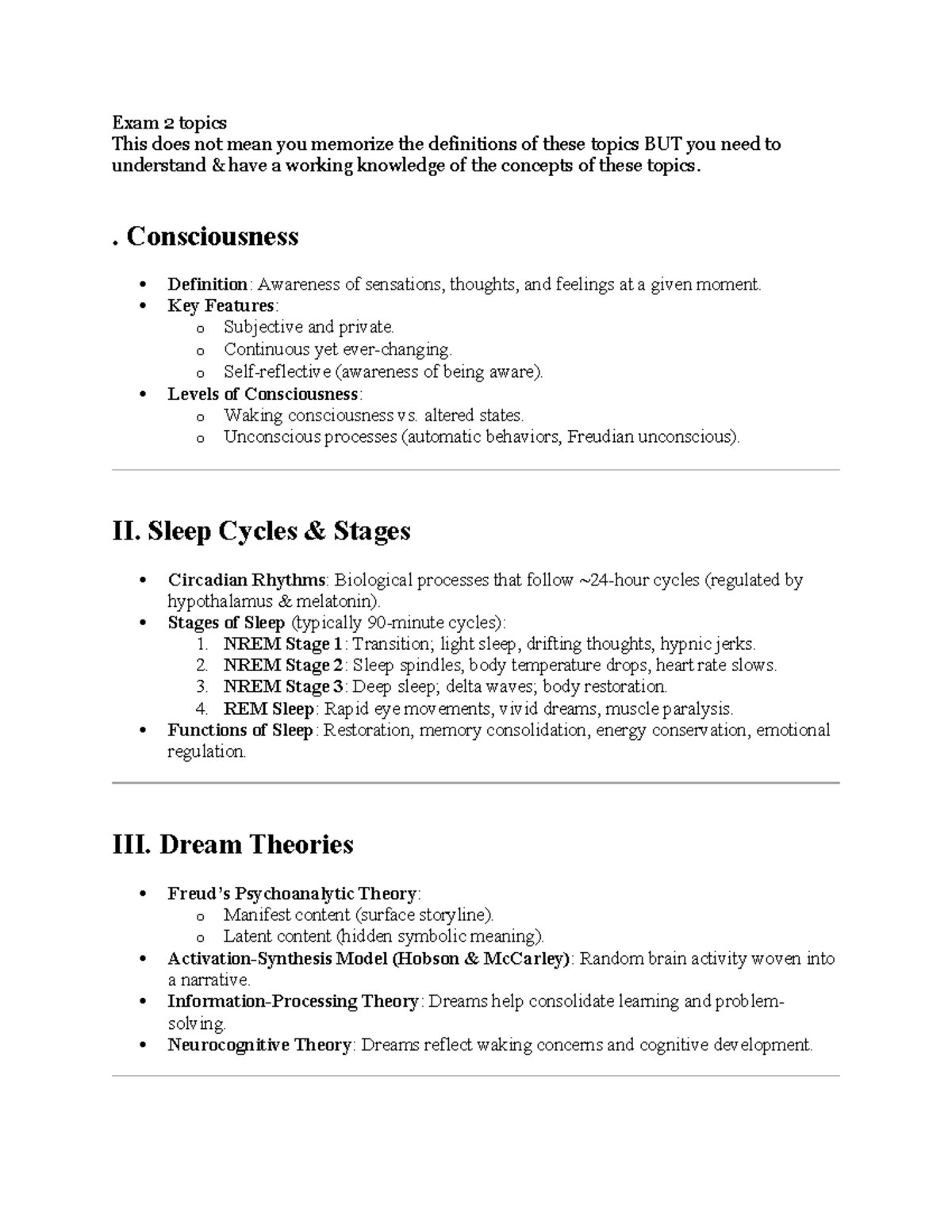Exam 2 Study Guide - Consciousness and Sleep Concepts - Studocu