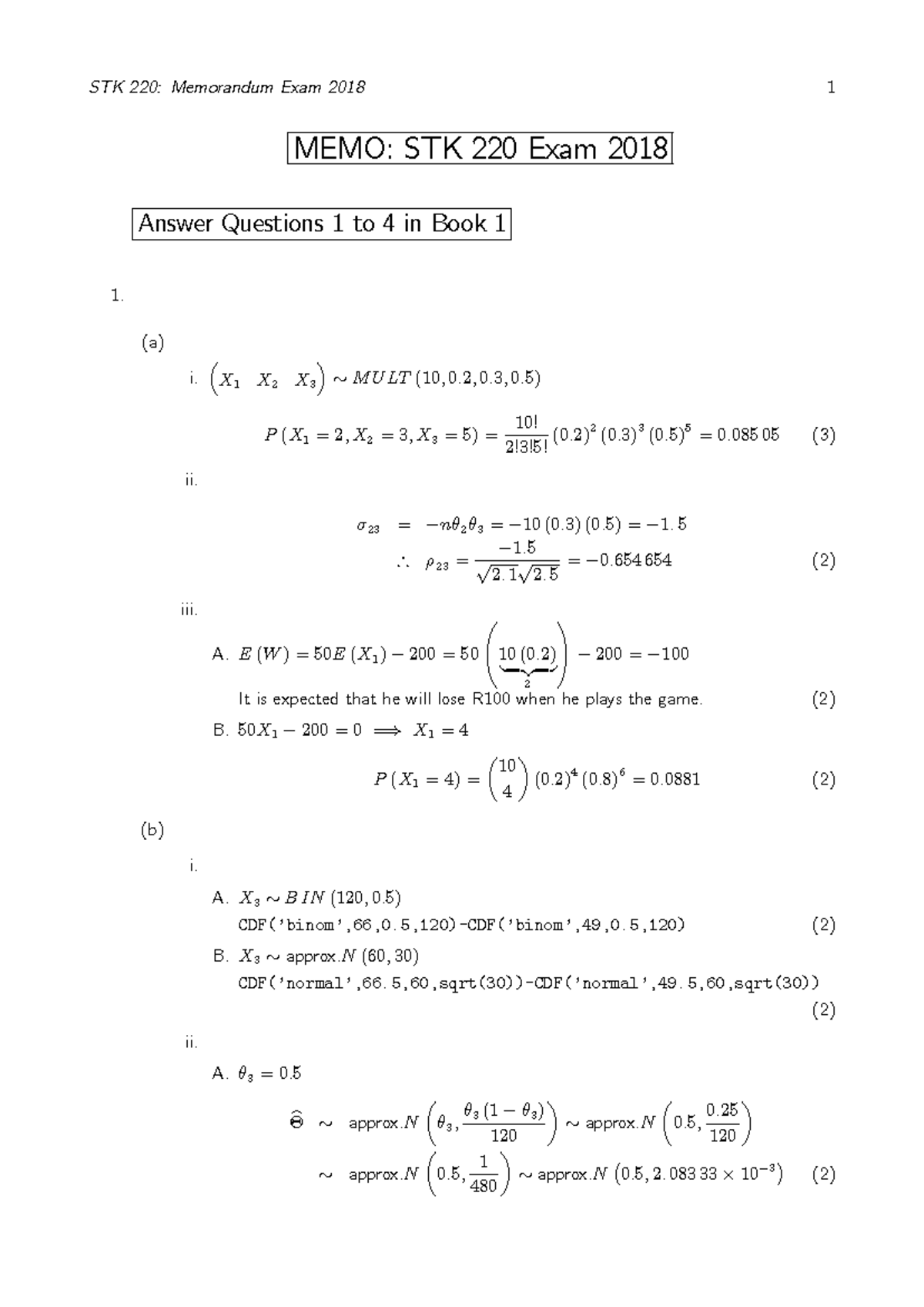 STK 220: 2018 Exam Memorandum for Statistics Questions 1-7 - Studocu