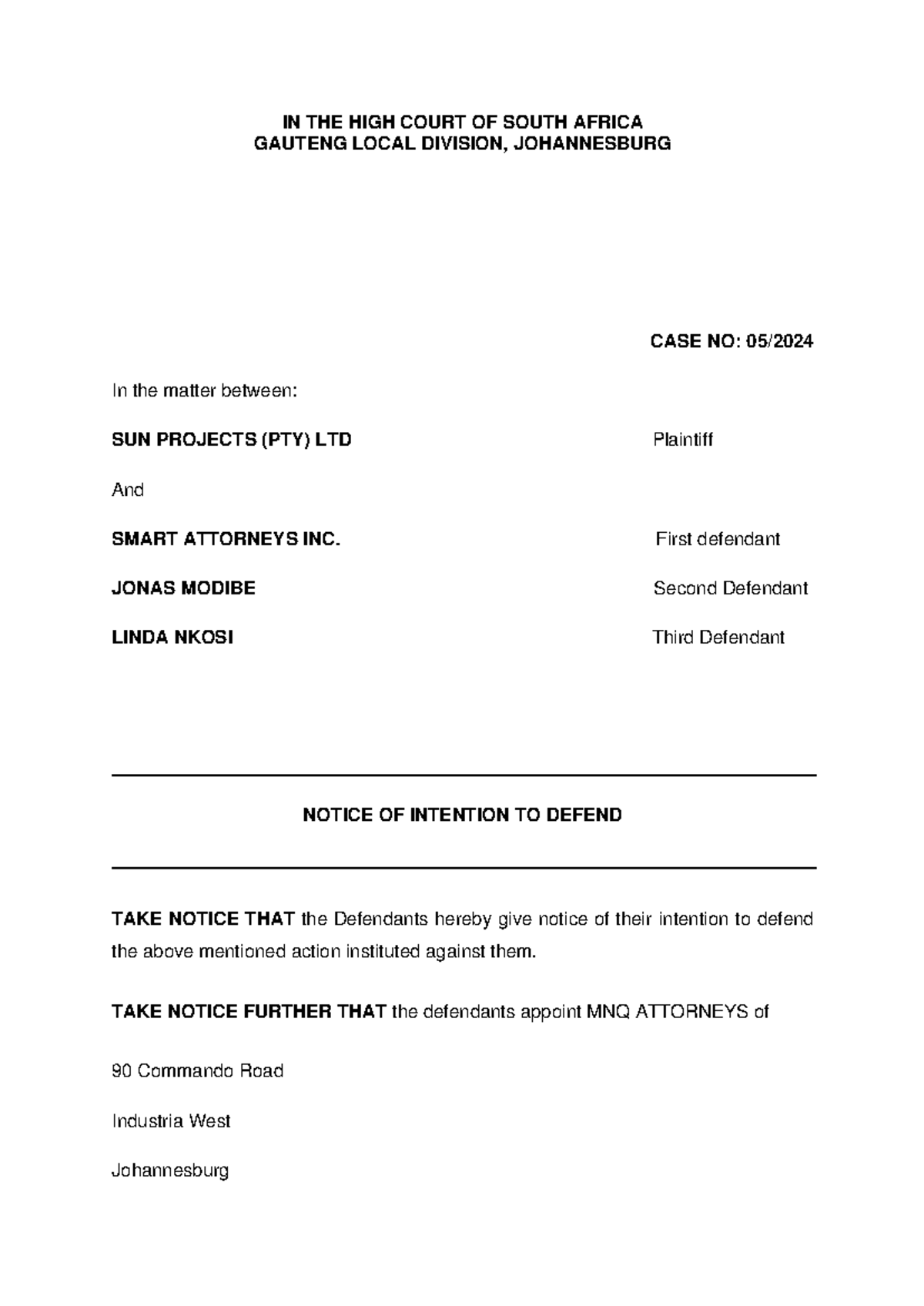 Notice of Intention to Defend - High Court Case No: 05/ - Studocu