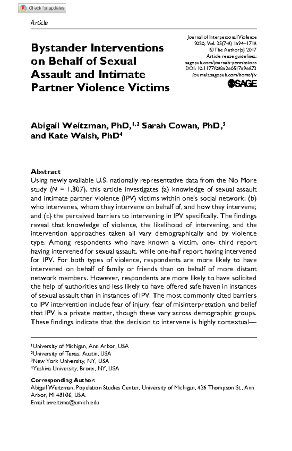 Bystander interventions in sexual assault and IPV: A study analysis ...