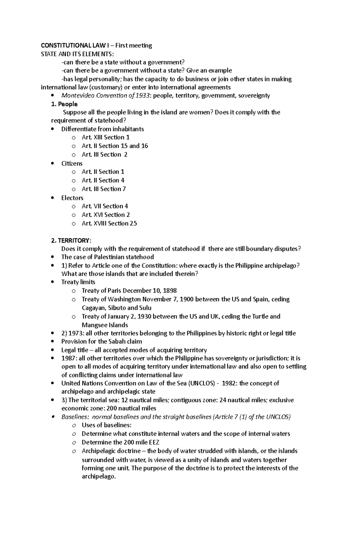 Constitutional Law I: Outline on State and Its Government Elements ...