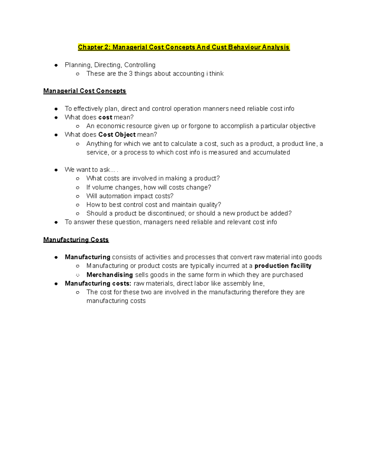 Chapter 2: Managerial Cost Concepts & Cost Behavior Analysis - Studocu