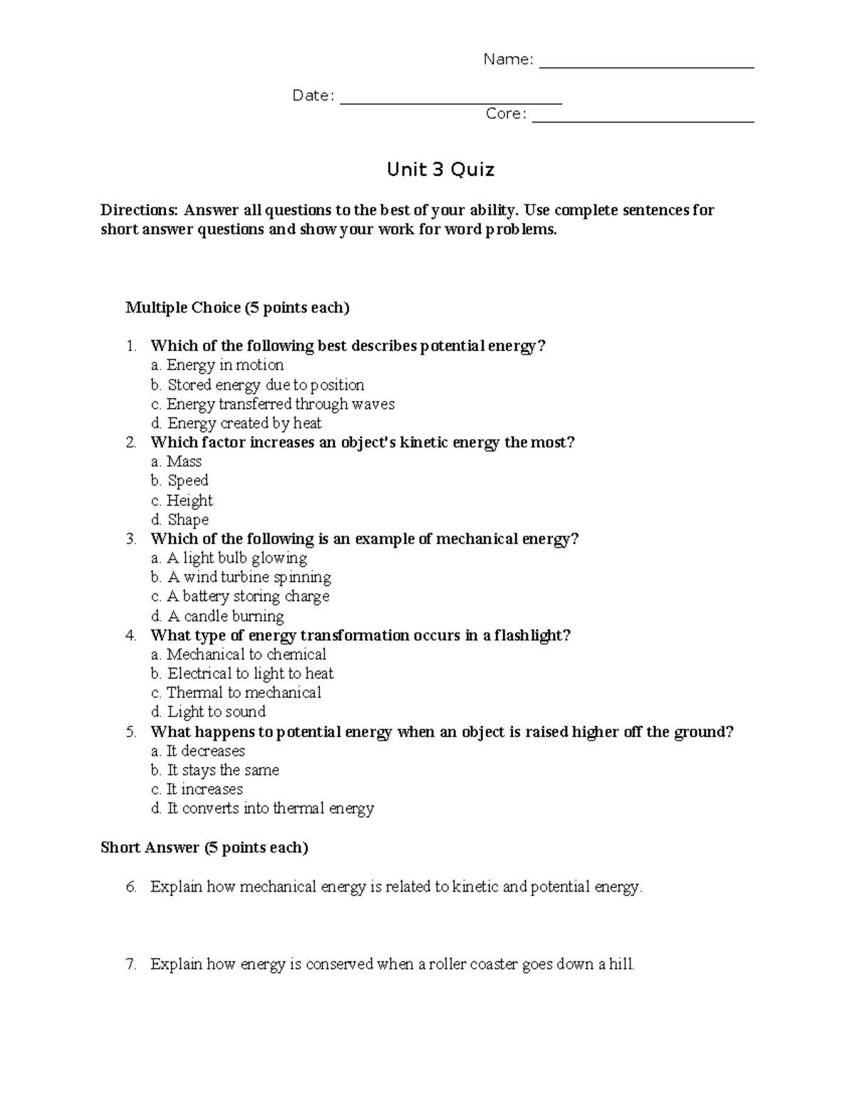 Unit 3 Quiz on Energy Concepts (Murphy 2024) - Studocu