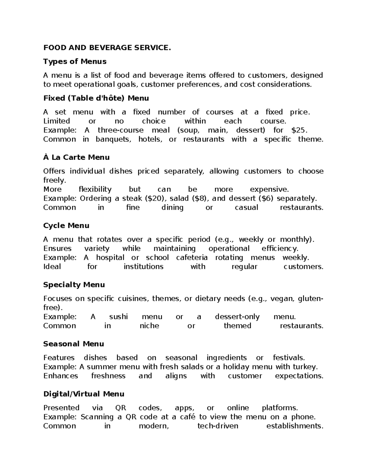 Fundamentals of Hospitality: Food & Beverage Service Overview - Studocu