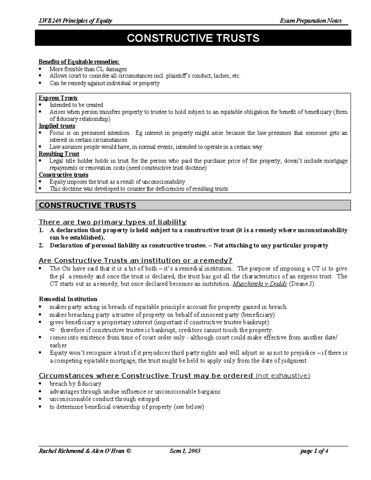 LWB240 Principles of Equity Exam Prep: Constructive Trusts Overview ...
