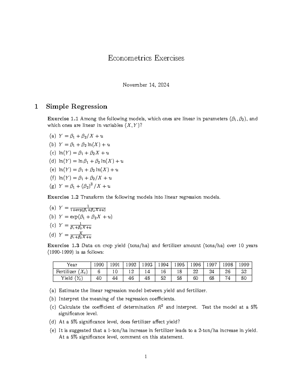 Econometrics Exercises (Course Code: ECON 101) - Regression Analysis ...