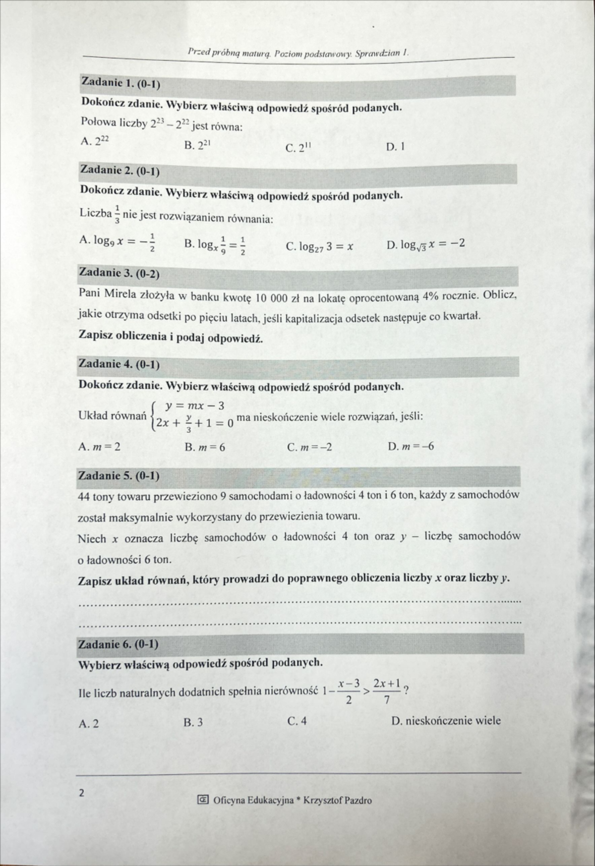 Matematyka Sprawdzian Przed Matura 2