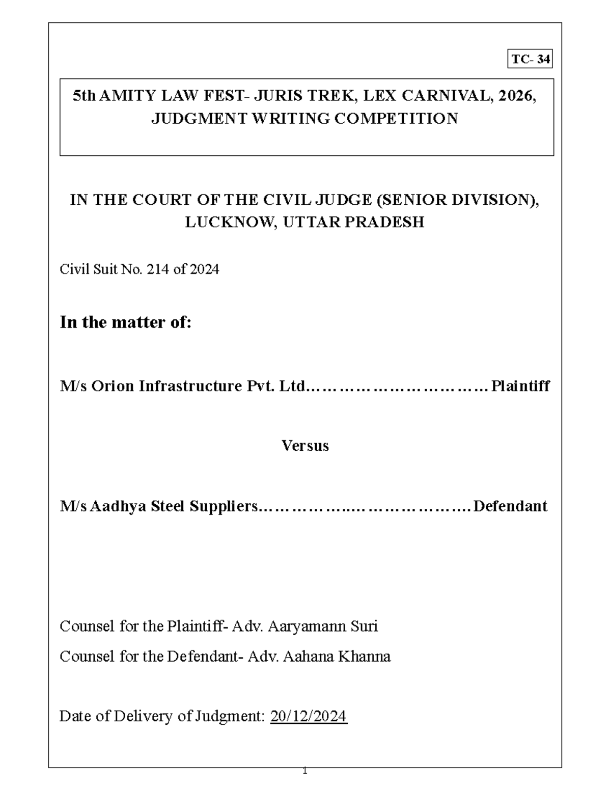 Judgment Writing Competition - Civil Suit No. 214/2024 Analysis - Studocu