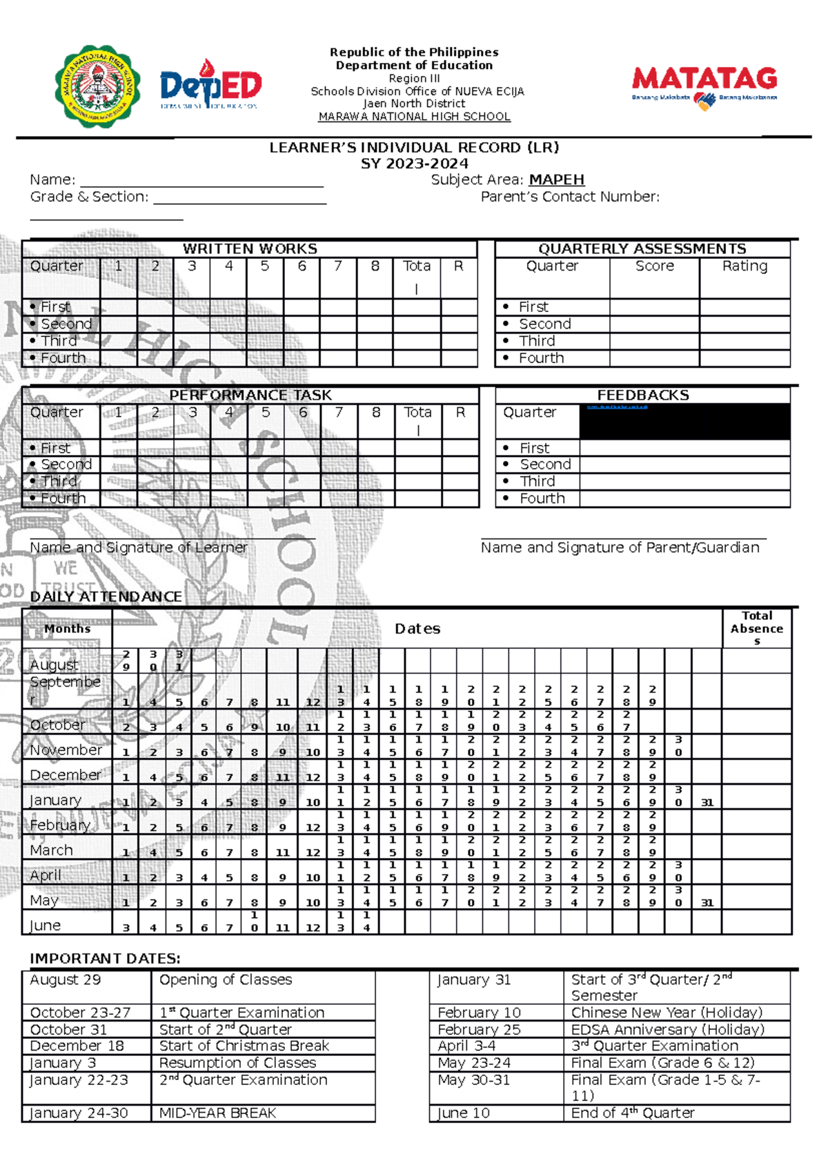 Individual Learner's Record (LR) Template for MAPEH Subject - Studocu