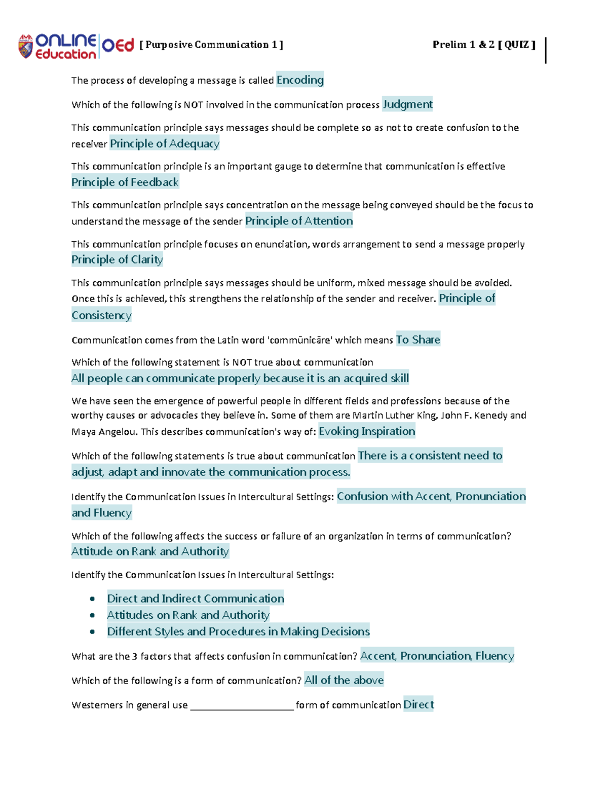 Purposive Communication 1 prelim quiz 1&2 - AMA - Studocu