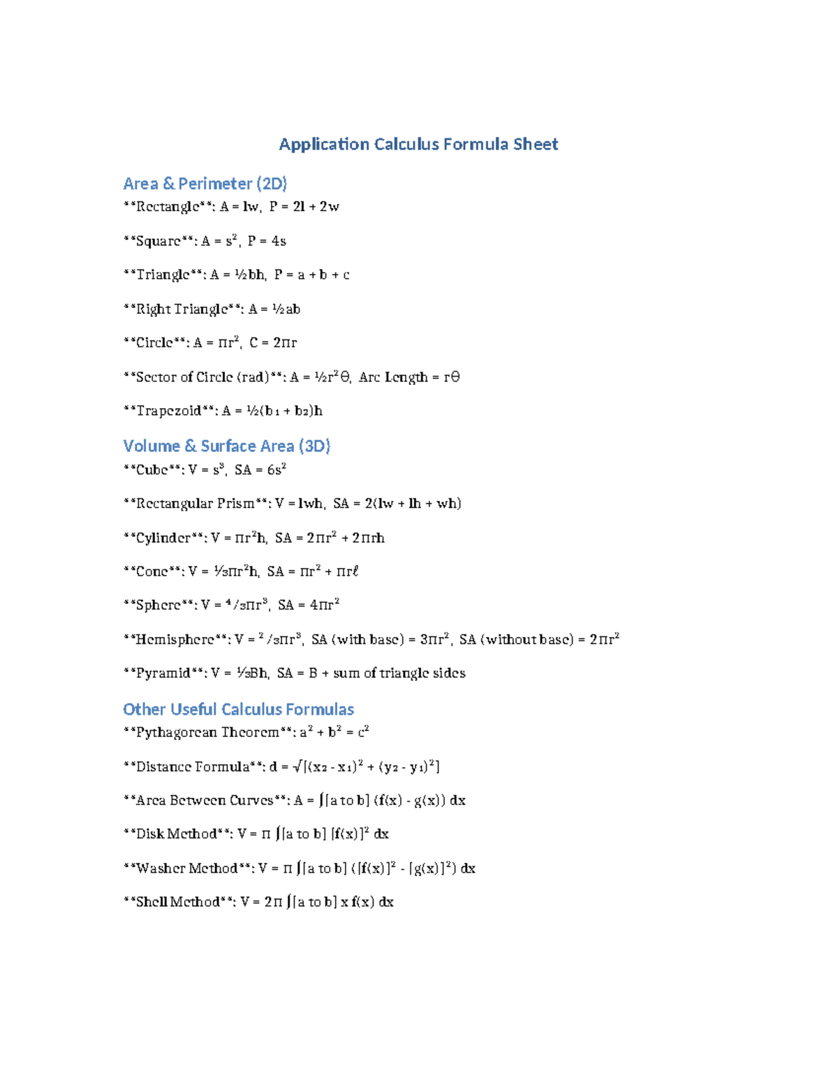 Application Calculus Formula Sheet: Area, Perimeter, Volume & More ...