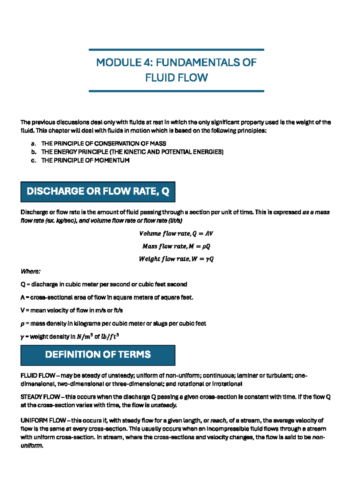 MODULE 4: FUNDAMENTALS OF FLUID FLOW - Key Concepts and Principles ...