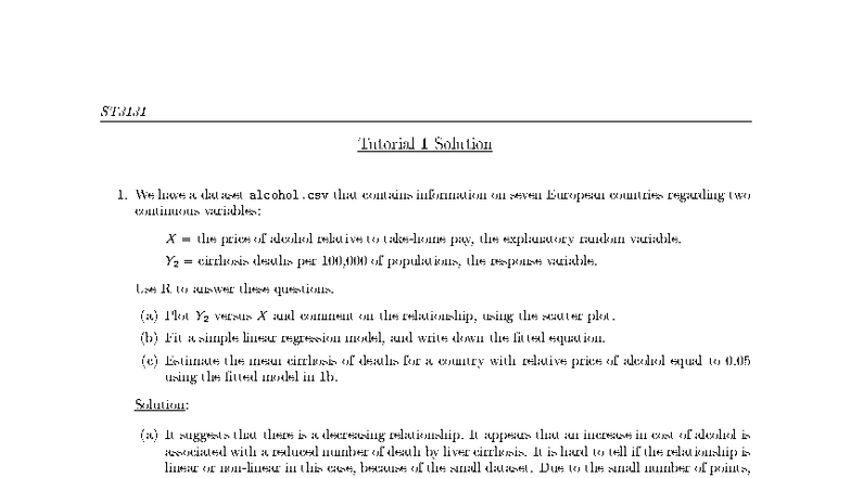 ST3131 Tutorial 1 Solutions: Alcohol Price & Regression Analysis - Studocu