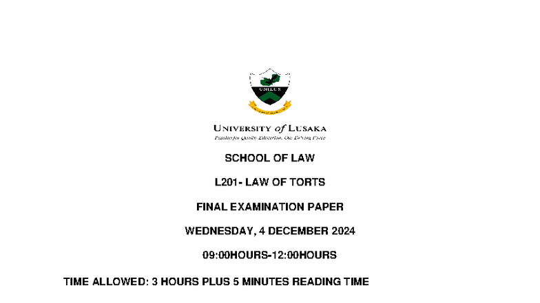 L201 2024 Semester 2 Law of Torts Final Exam Paper - Studocu