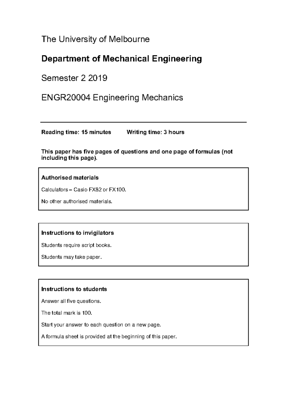 ENGR20004 Sem 2 2019 Final Exam - Engineering Mechanics Questions - Studocu