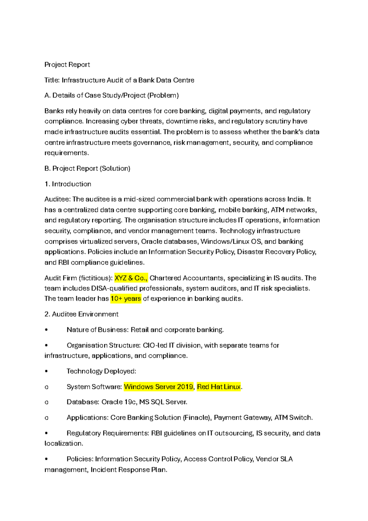 Infrastructure Audit Project Report: Bank Data Centre Analysis - Studocu