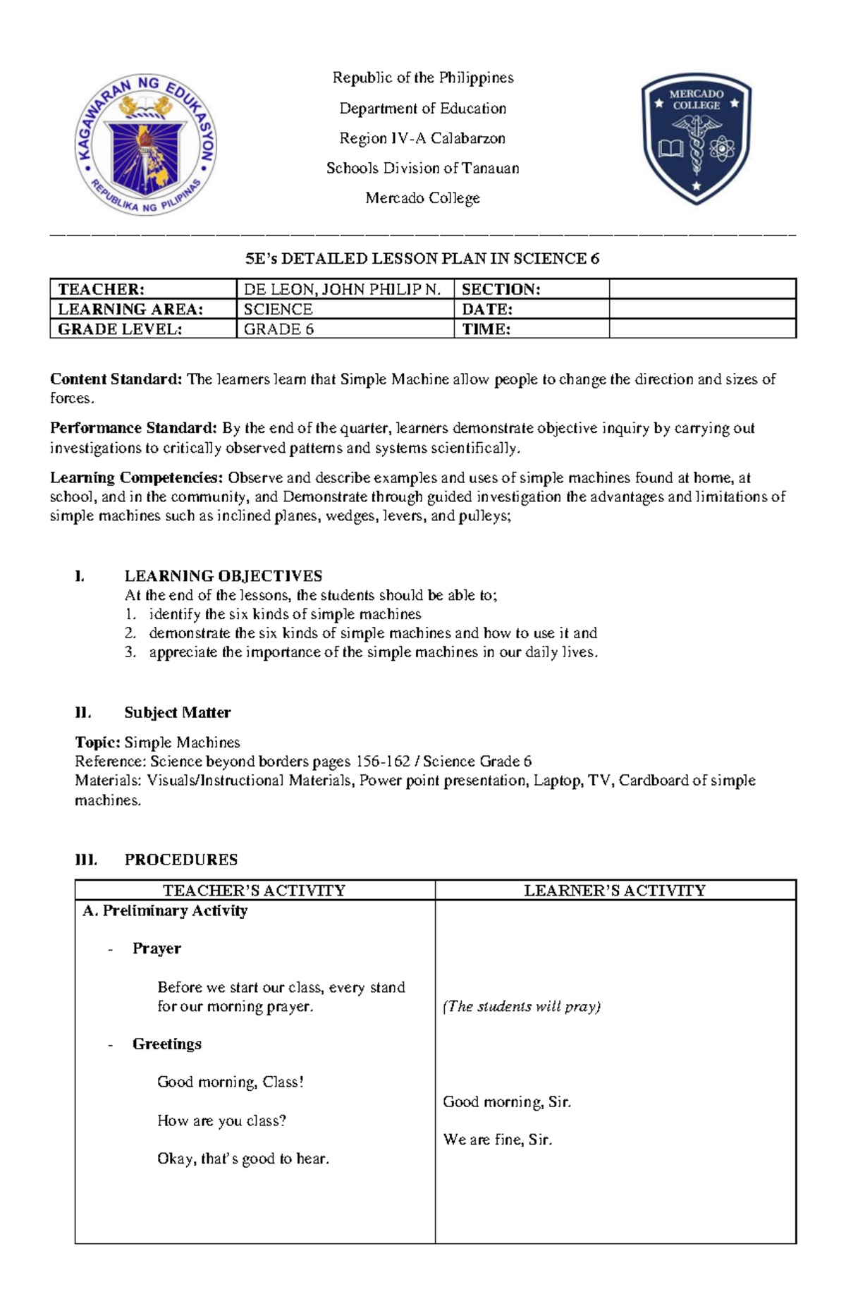 Detailed Lesson Plan on Simple Machines for Science 6 (DE LEON) - Studocu
