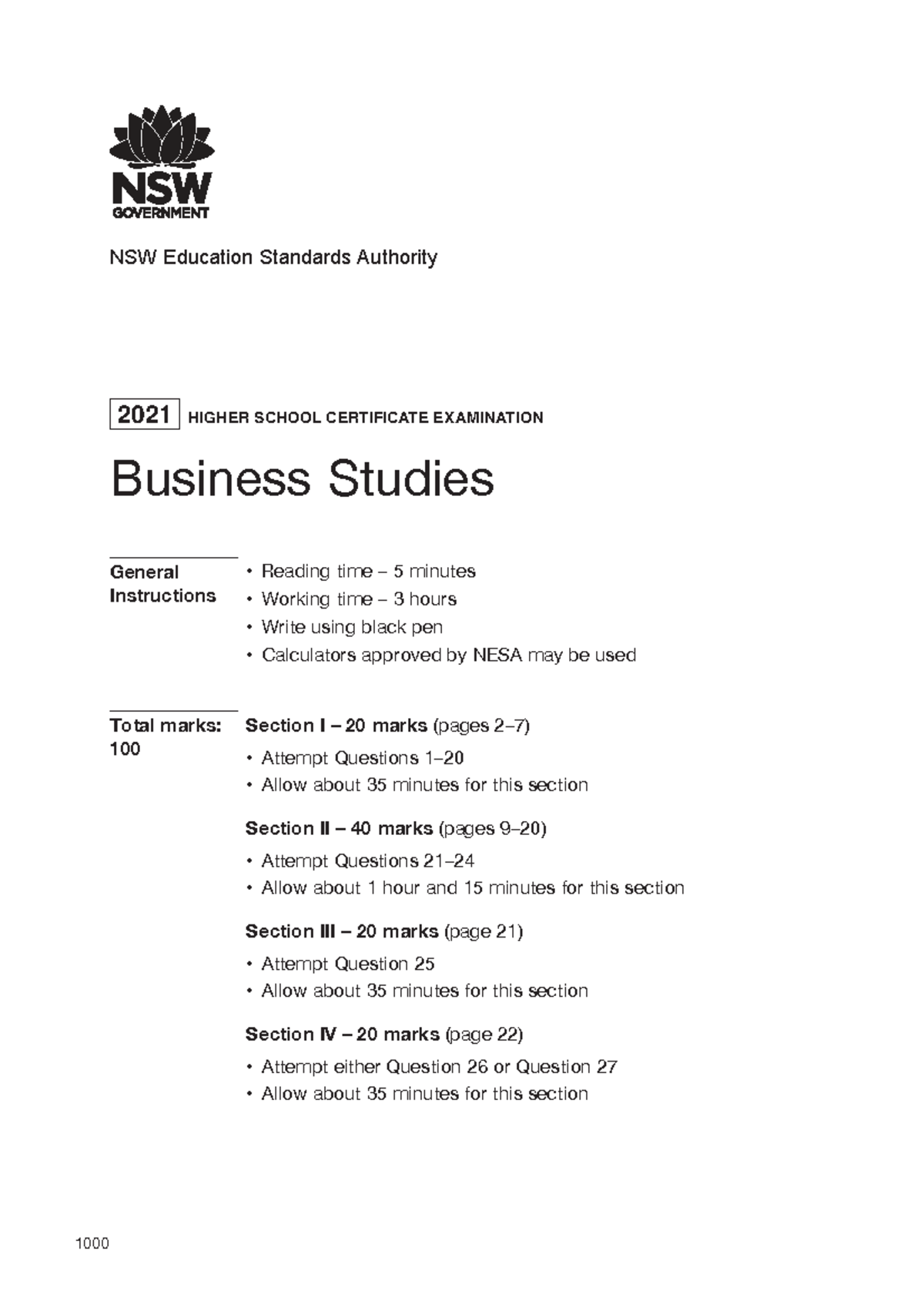 2021 HSC Business Studies Exam Instructions and Questions - Studocu
