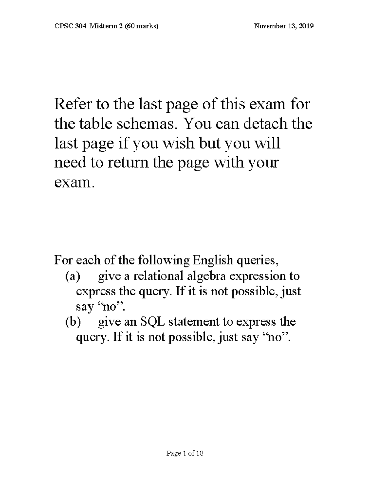 CPSC 304 Midterm 2 Exam Questions and Solutions (60 Marks) - Studocu
