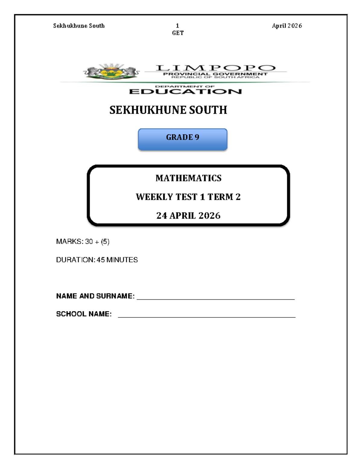 Grade 9 Mathematics Term 2 Weekly Test 1 - April 2026 - Studocu
