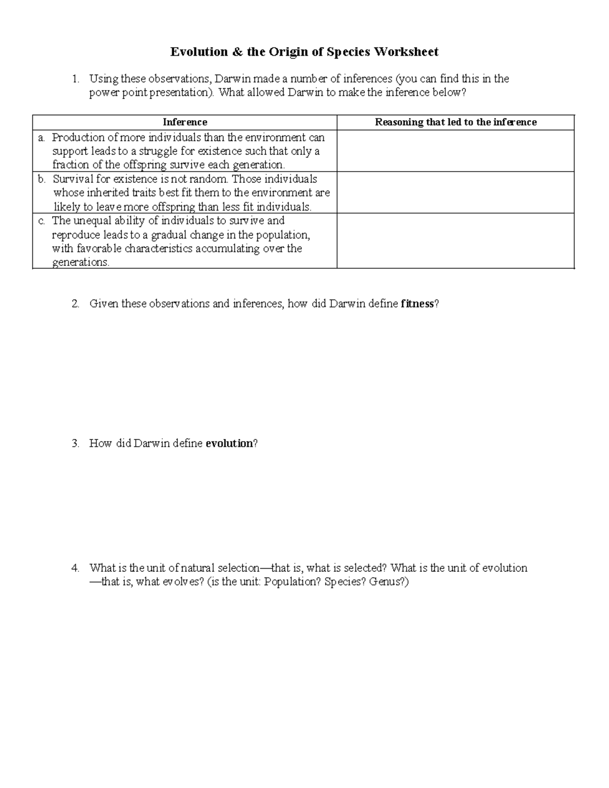 Evolution and the Origin of Species Worksheet - Key Concepts - Studocu