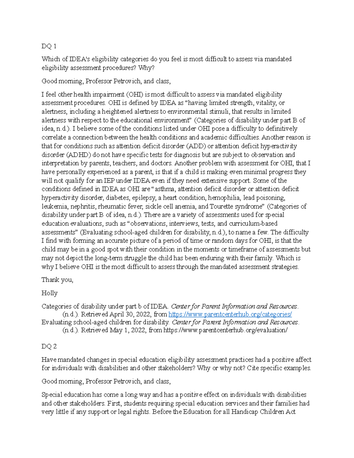 DQ Week 1 Insights on Special Ed Assessment - SPD-320 - Studocu