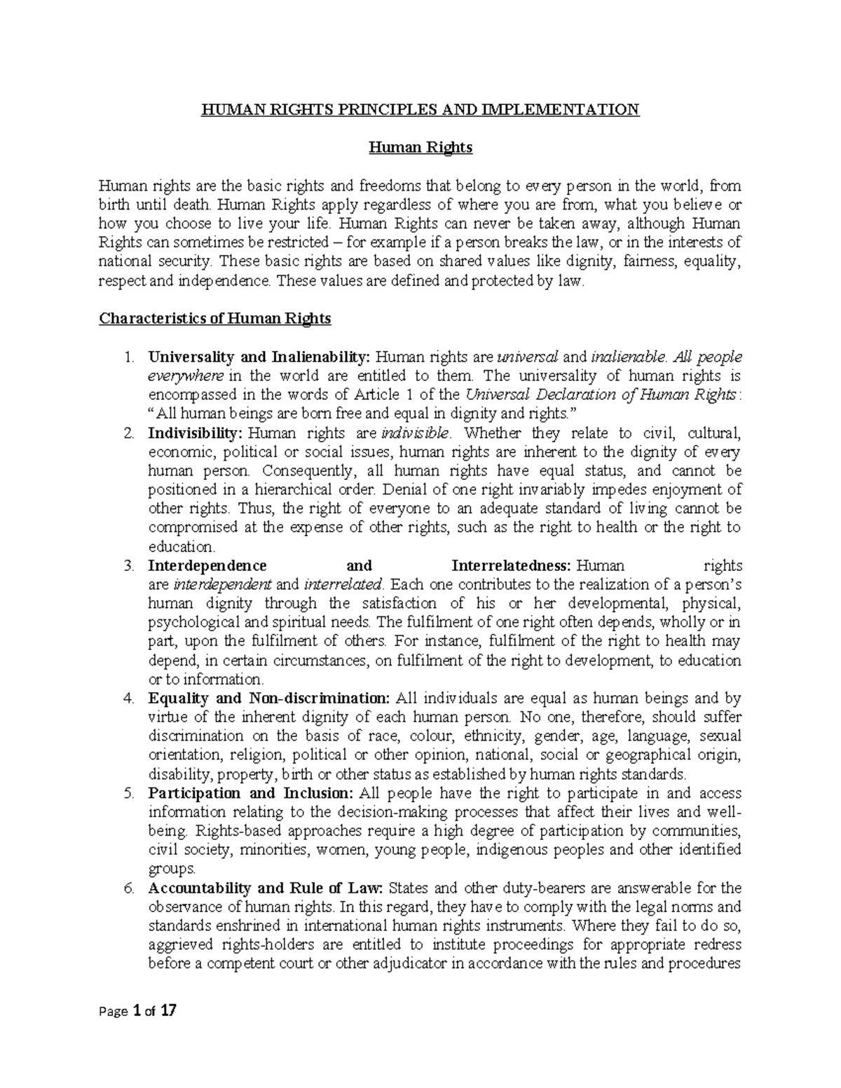 Notes Human Rights Principles AND Implementation - HUMAN RIGHTS ...