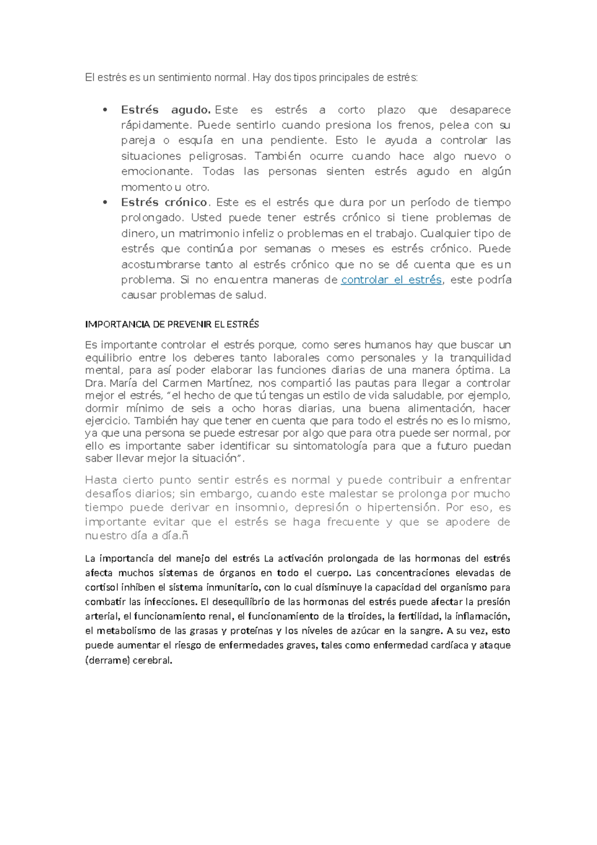 S15. Manejo del Estrés: Tipos, Importancia y Prevención - Charla - Studocu