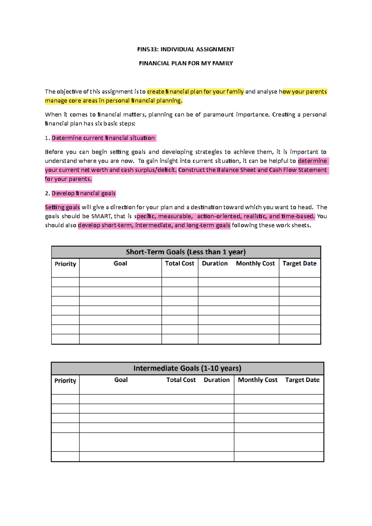 FIN533: Individual Assignment - Family Financial Plan Analysis - Studocu