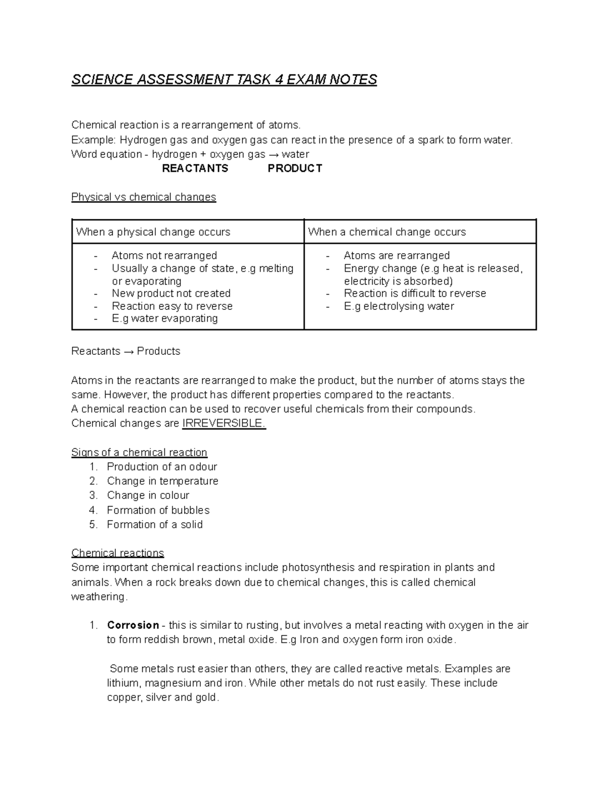 SCIENCE 8 ASSESSMENT TASK 4 EXAM NOTES: Chemical Reactions & Forces ...