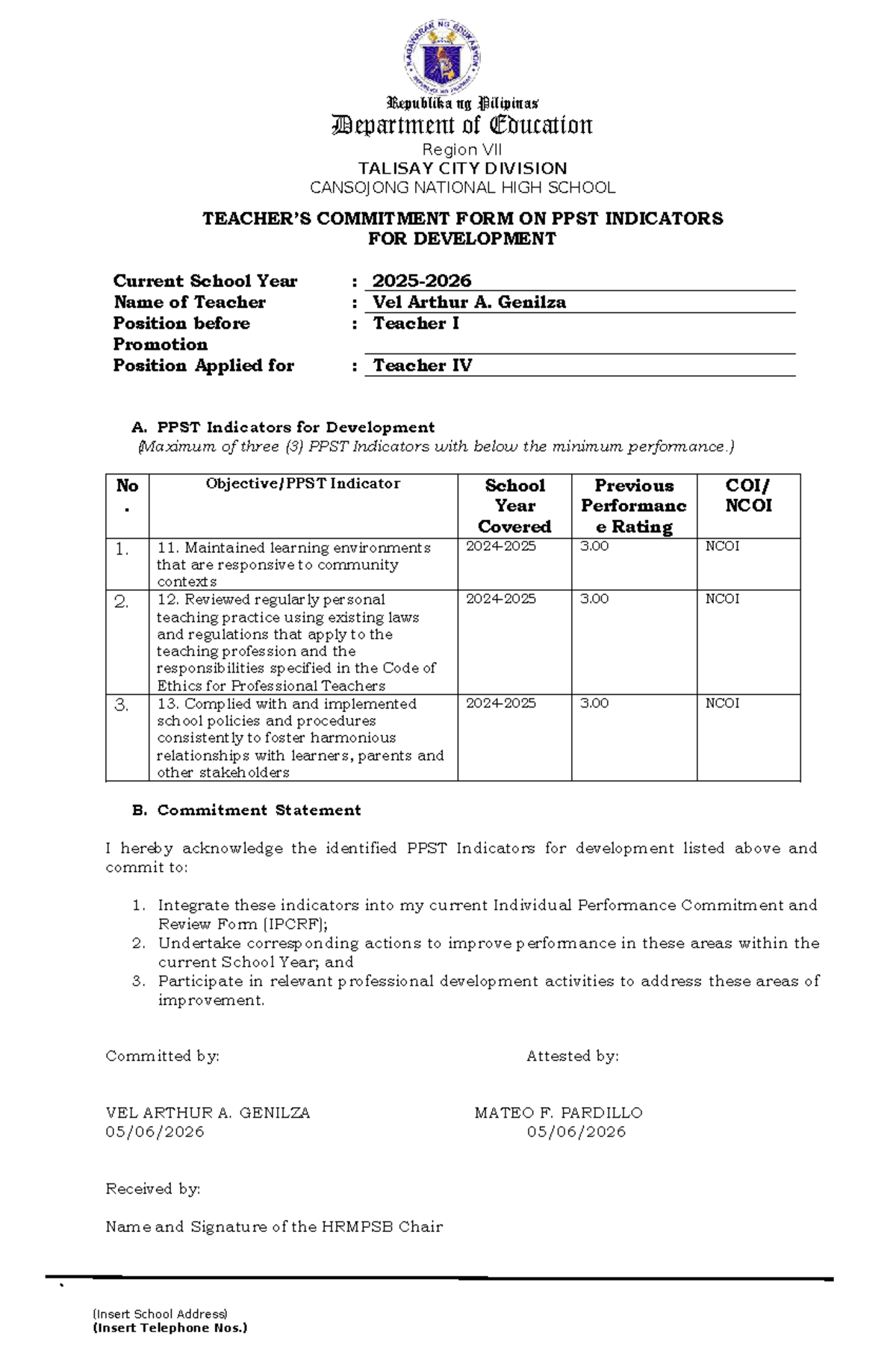 Teacher's Commitment Form on PPST Indicators for Development - Studocu
