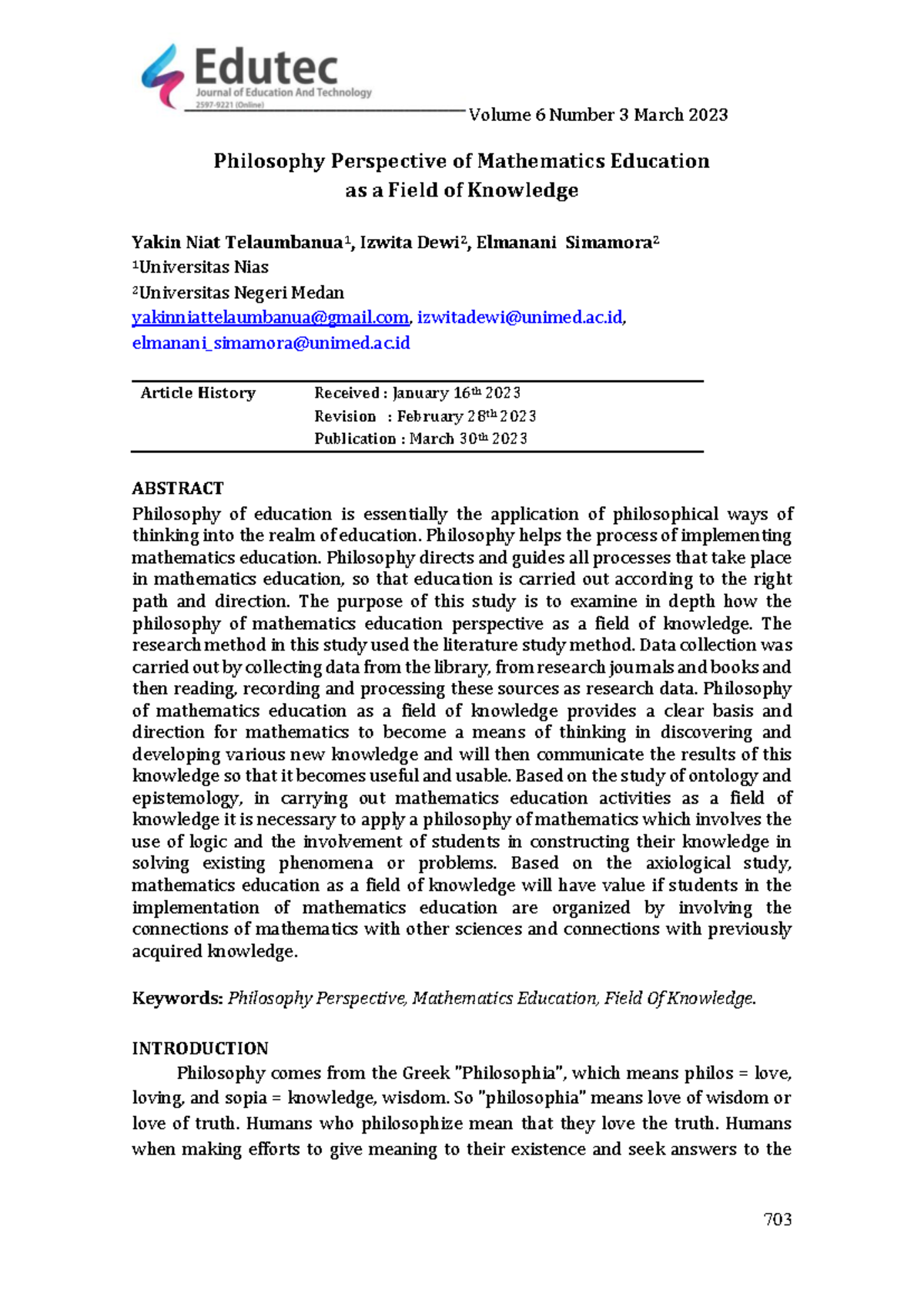 Philosophy of Mathematics Education: A Knowledge Perspective Study ...