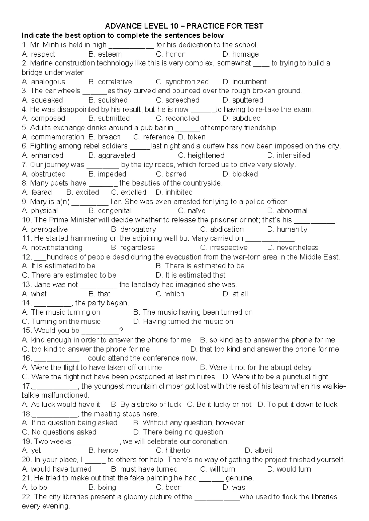Advanced Level 8 - Practice Test 2C: Vocabulary and Grammar Exercises ...