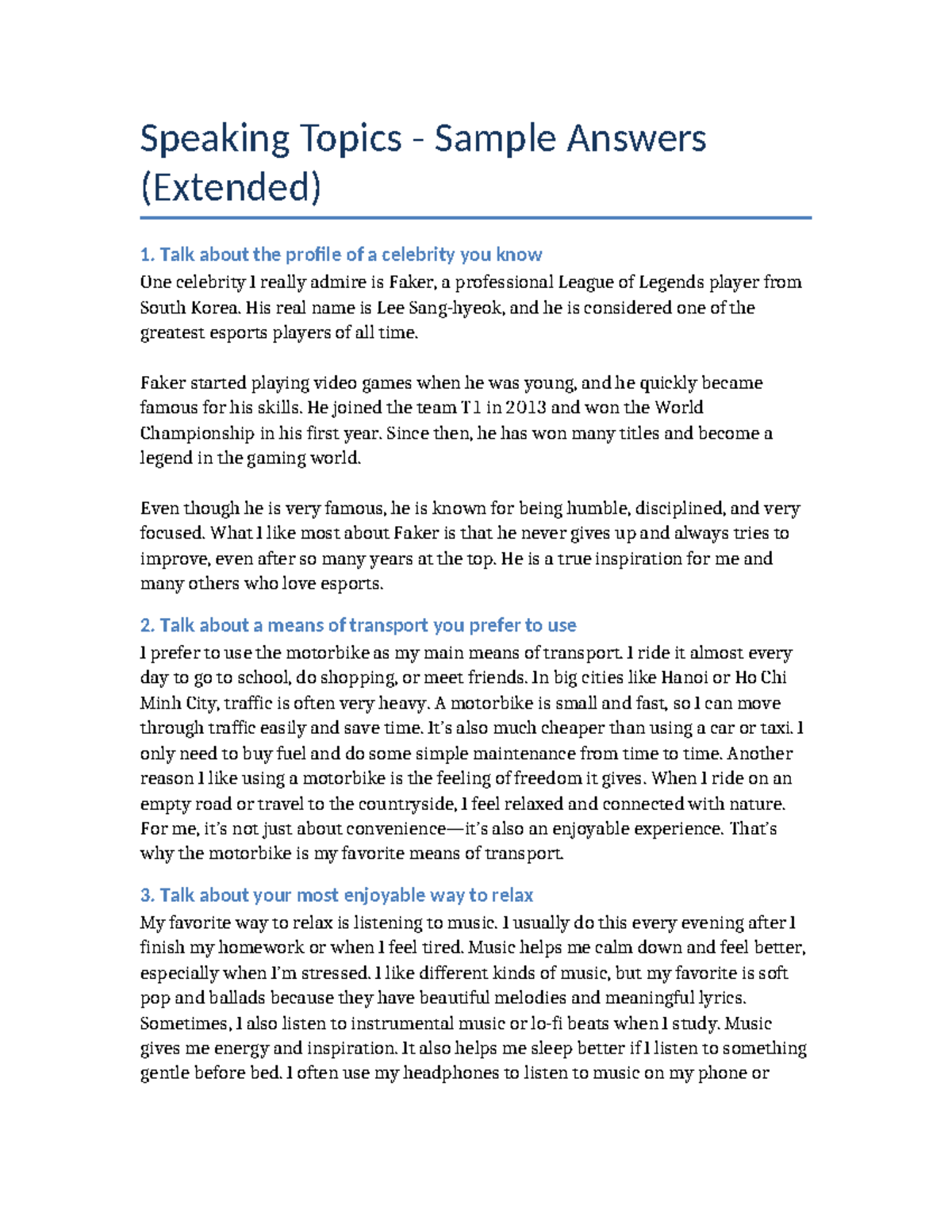 Speaking Topics Sample Answers for ESL 101: Final Exam Guide - Studocu