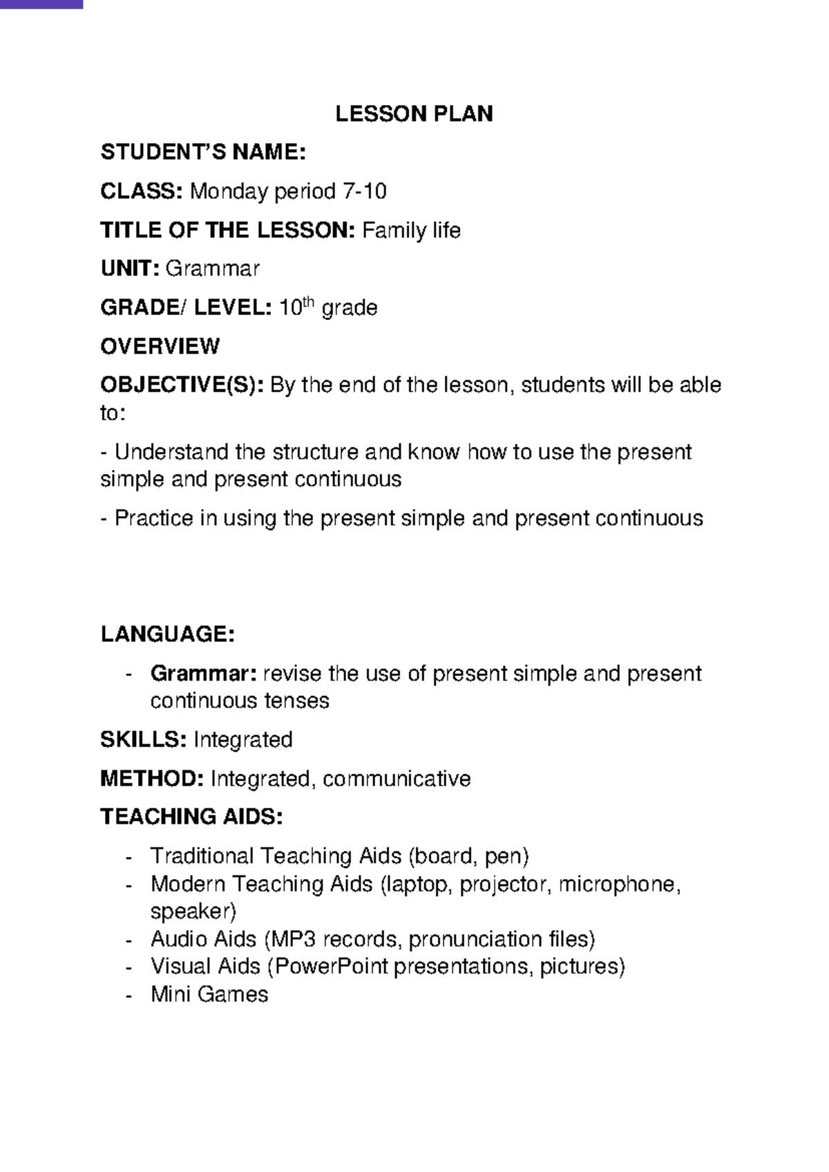 Sample - Grammar Lessonplan - LESSON PLAN STUDENT’S NAME: CLASS: Monday ...